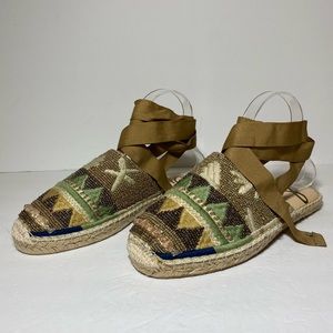 Sam Edelman Karolyn Multicolor Beaded Ankle Ribbon Tie Espadrille Sandals Size 9
